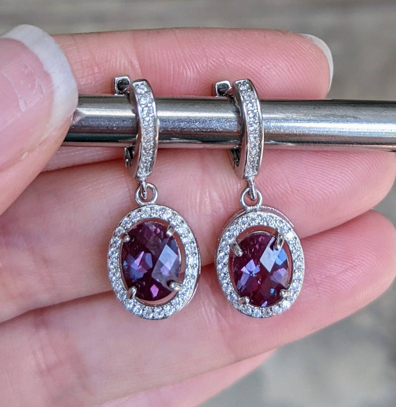 Real Color Changing Alexandrite Lever Back Earrings Russian Pulled True Color Change Alexandrite Oval Checkerboard Cut Earrings with halo image 6