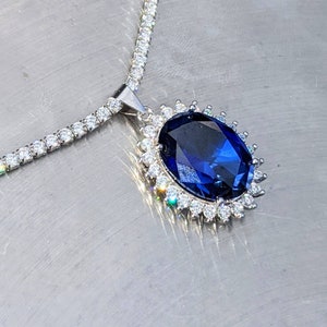 Royalty Repulica Prinzessin Diana Celebrity Inspiriert Echt Blau Saphir Anhänger Mit Halo 9.30ct Oval Cut Muttertagsgeschenk Lady Di Halskette Bild 2