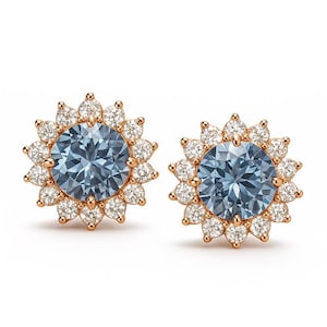 Blue Spinel Stud Earrings: 14k Rose Gold Flower Halo, Bridal Gift