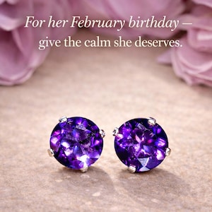 February Birthstone Dark Amethyst Stud Earrings – Natural Round African Amethyst Studs Silver or 14K Gold, Healing Crystal Birthday Gift for