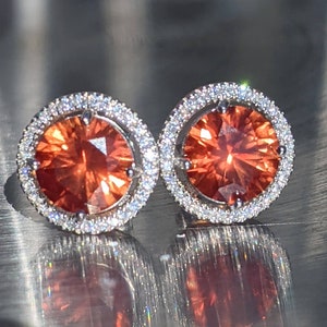 Echte Padparadscha saffier Stud Oorbellen 8mm ronde geslepen sterling zilver oranje saffier hengsten met Halo voor Womens verjaardag kerstcadeau afbeelding 3