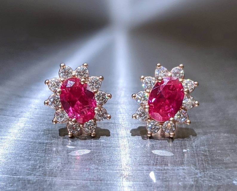 Brilliant Oval Cut With AAA Halo Anniversary Jewelry Pigeon Blood Red Stud Earrings Real Ruby Earrings Rose Gold 0.80ct Genuine Ruby