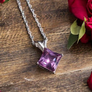 8mm Princess Cut Alexandrite Pendant: Color-Changing Gemstone, Sterling Silver or 14K Gold