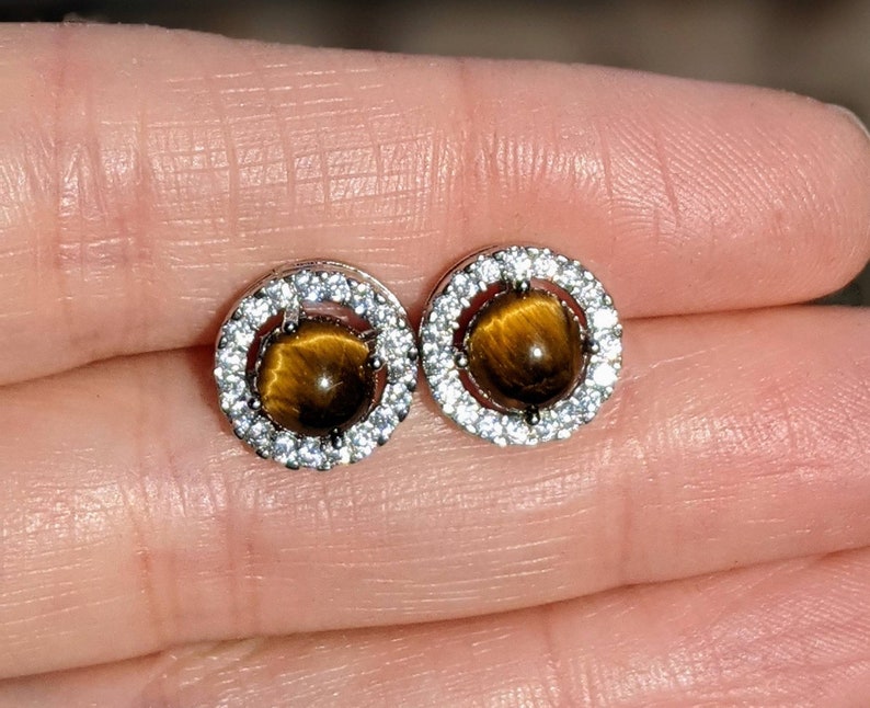 Natural Gemstone Earrings Tigers Eye Stud Earrings 10mm Tiger Eye Studs With Halo Vintage Jewellery Sterling Silver