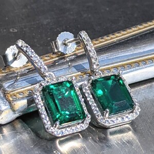 Real Emerald Earrings With Halo For Womens Birthday Gift 9x7mm 2.60ct Emerald Cut hydrothermal Emerald Drop Earrings Sterling Bridal Gift image 6