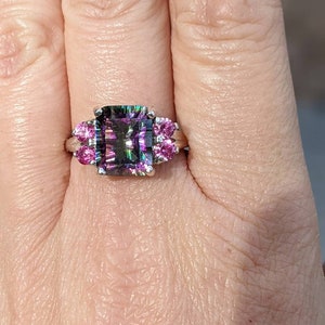 Mystic Topaz Ring With Pink Sapphire Stunning Emerald Cut 14k or Sterling Large Cocktail Ring Natural Gemstone Jewelry For Her Birthday gift zdjęcie 7