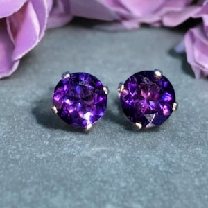 Natural Amethyst Stud Earrings 6mm Dark African Amethyst Earrings Sterling Silver - February birthstone Stud Earrings 2ct Naturally Mined