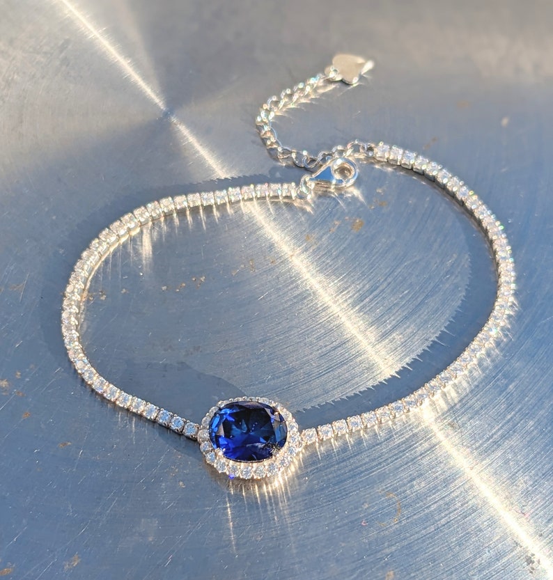 Royalty Replica Princess Diana Celebrity Inspired Real Blue Sapphire Bracelet With Halo 2.50ct Oval Cut Valentine Day Gift Lady Di Bracelet image 3