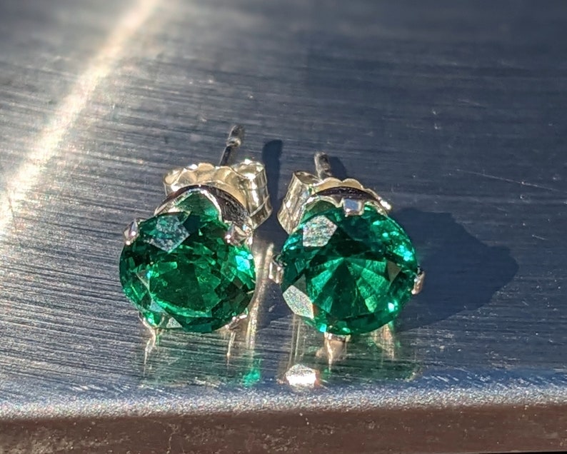 Dark Zambian Emerald Stud Earrings 6mm Round Stud Emerald Earrings Hydrothermal Emerald Studs Earrings For Her Birthday Gift Valentine's zdjęcie 5