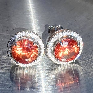 Real Padparadscha Sapphire Stud Earrings 8mm Round Cut Sterling Silver Orange Sapphire Studs With Halo For Womens Birthday Christmas Gift 画像 5
