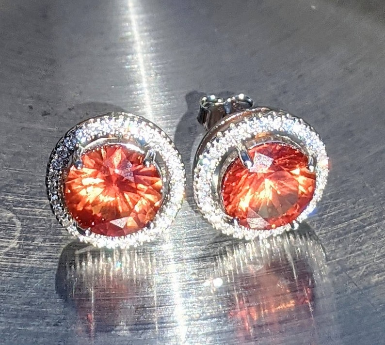 Real Padparadscha Sapphire Stud Earrings 8mm Round Cut Sterling Silver Orange Sapphire Studs With Halo For Womens Birthday Christmas Gift image 5