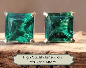 Real Emerald Stud Earrings| Princess Cut Zambia Emerald Studs| Elegant Green Square Emerald 7mm Earrings| Sparkling Emerald Stud Earrings