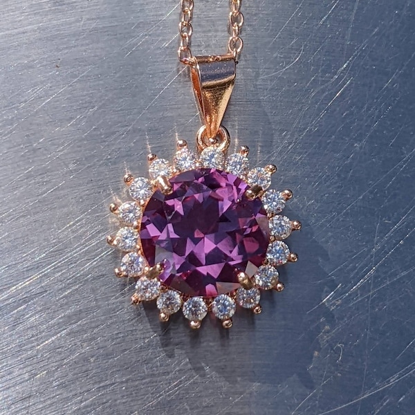 10mm 3.87ct Alexandrite Pendant Necklace, Diamond Halo in Rose Gold, June Birthstone Jewelry, Elegant Gemstone Statement Luxury Gift for Her