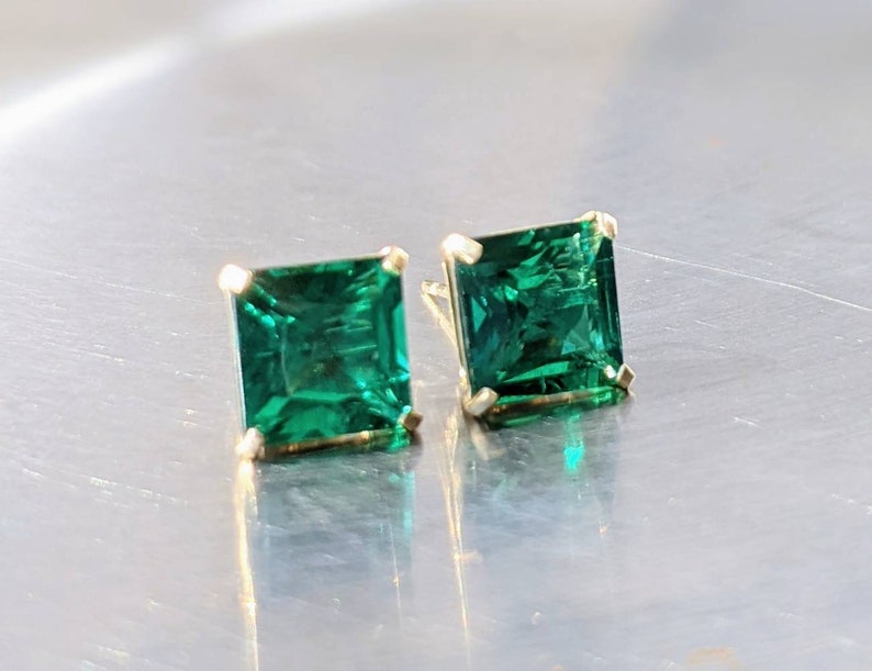 Zambian Emerald Stud Earrings 7mm 1.90ct Princess Cut For Womens Birthday Gift Emerald Square Earrings For Christmas Gift Bridal Jewelry image 6