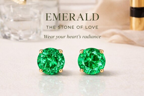 Colombian Emerald Stud Earrings | Genuine Green Gemstone in 14K Gold | Luxury Gift for Her | May Birthstone Jewelry | Emerald Healing Energy