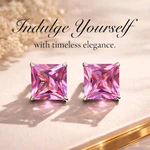 Aretes de zafiro rosa / Zafiro rosa de corte princesa cuadrado / Aretes de oro de 14 quilates / Joyas de zafiro cultivado en laboratorio