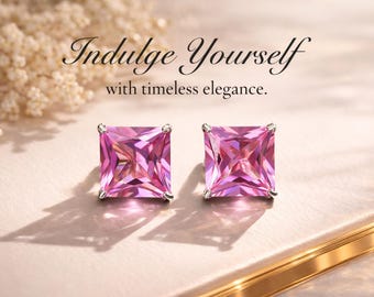 Aretes de zafiro rosa / Zafiro rosa de corte princesa cuadrado / Aretes de oro de 14 quilates / Joyas de zafiro cultivado en laboratorio