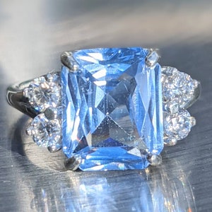 Real Aquamarine 4.80ct Ring With Moissanite Princess Diana Inspired Aquamarine Ring Emerald Cut Sterling Or Solid Gold For Her Anniversary image 3