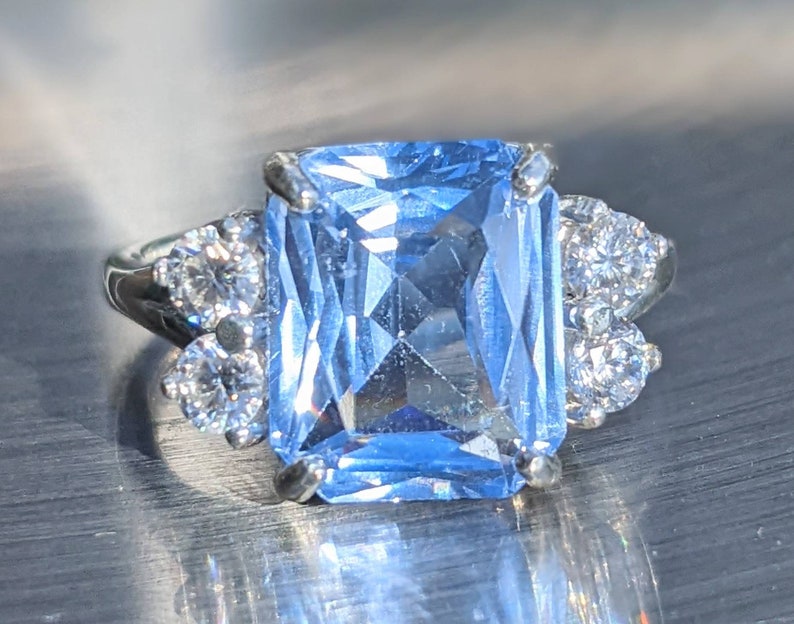 Real Aquamarine 4.80ct Ring With Moissanite Princess Diana Inspired Aquamarine Ring Emerald Cut Sterling Or Solid Gold For Her Anniversary image 3