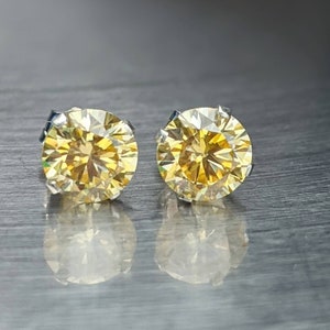 Certified light Yellow Real Moissanite Earrings Silver or Gold Round Cut 6mm 2ct Stud Earrings Birthday Gift Man or Women Diamond Earrings image 2