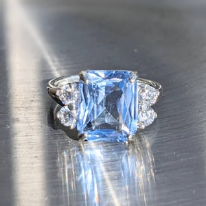 Real Aquamarine 4.80ct Ring With Moissanite Princess Diana Inspired Aquamarine Ring Emerald Cut Sterling Or Solid Gold For Her Anniversary image 7