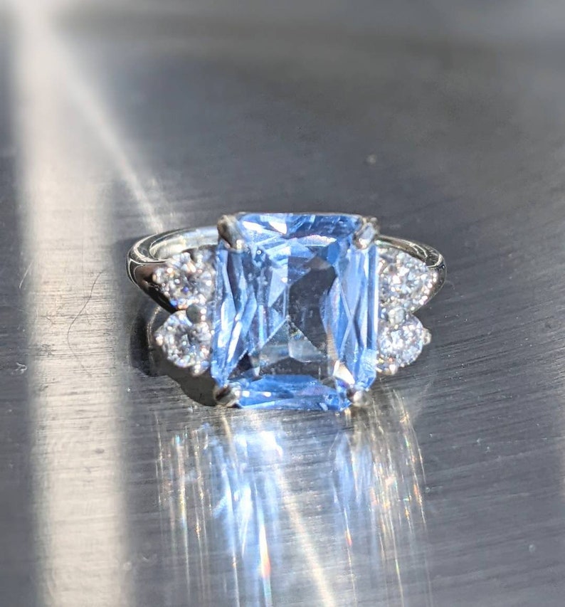 Real Aquamarine 4.80ct Ring With Moissanite Princess Diana Inspired Aquamarine Ring Emerald Cut Sterling Or Solid Gold For Her Anniversary image 7