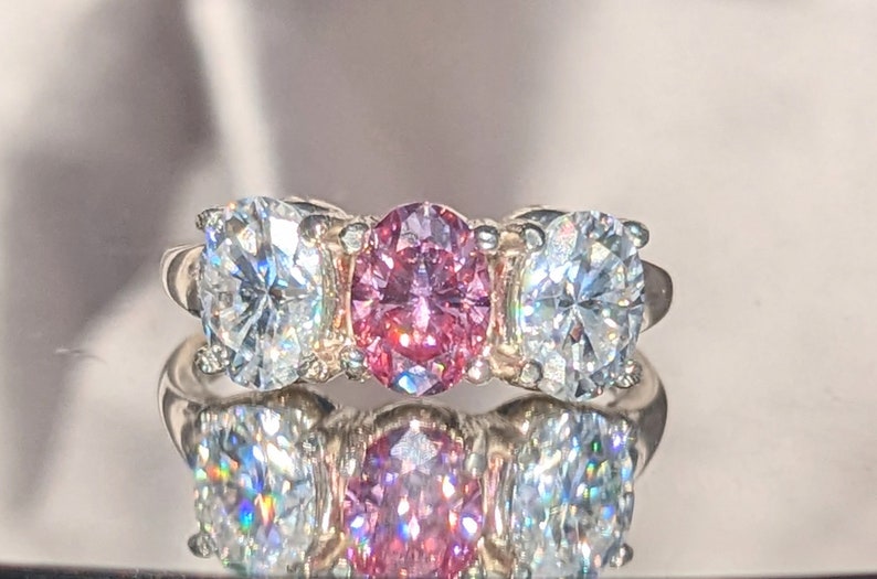 Radiant Cut Multi-Color Moissanite Wedding Band Sparkling Custom Bridal Ring Unique Pink and Clear Moissanite Anniversary Band image 6