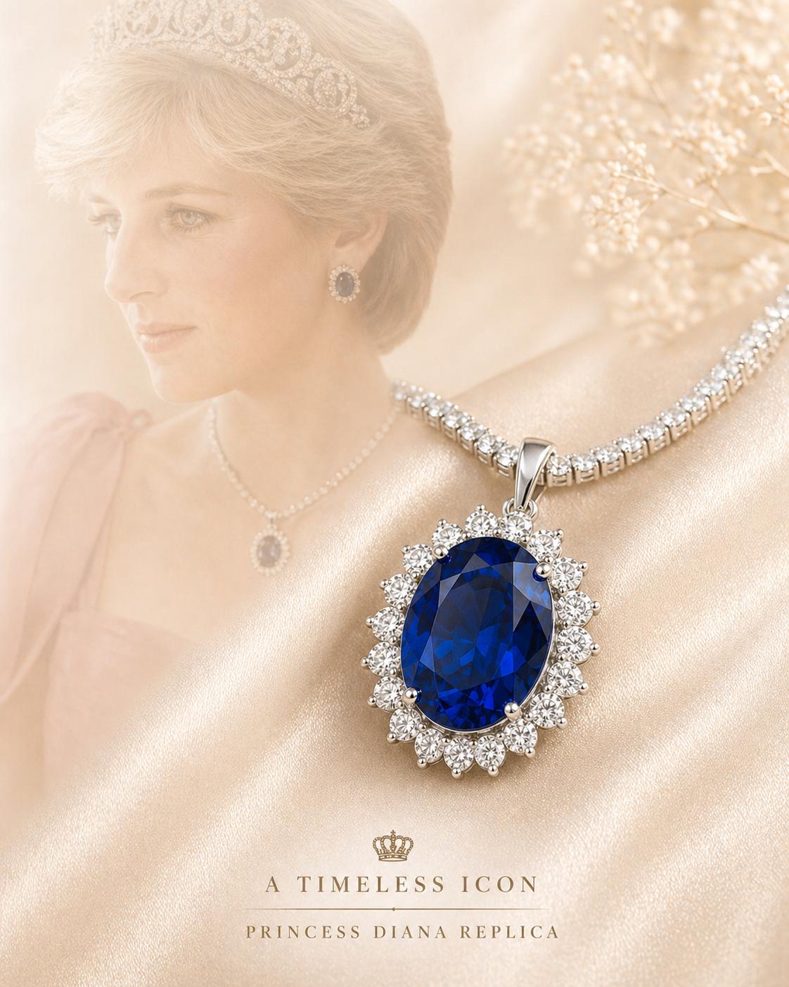 Princess Diana Inspired Sapphire Necklace, Oval Blue Sapphire Halo