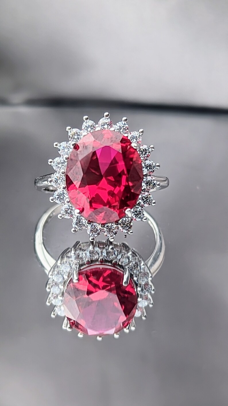 Réplique de haute qualité Eva Longoria inspirée des célébrités, bague de fiançailles en rubis véritable AAA 5 carats, halo 10x12 mm, bague pour femme ovale image 4