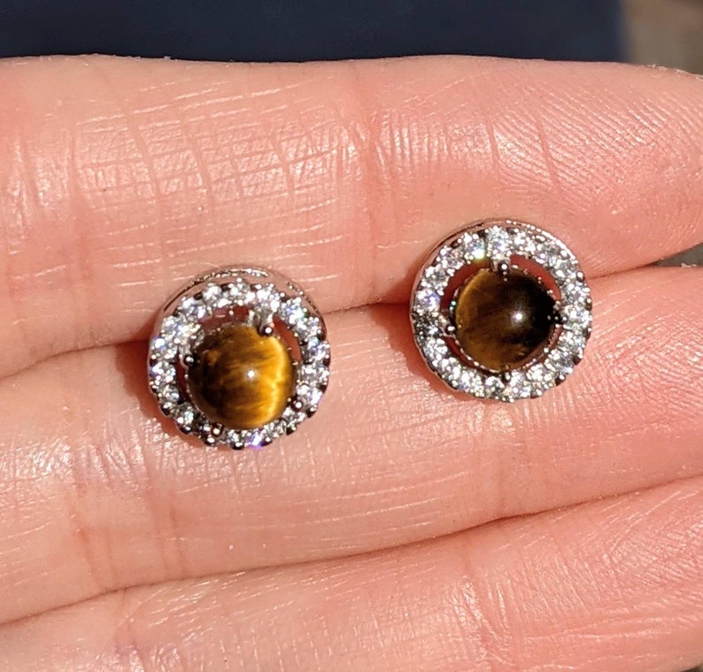 Natural Gemstone Earrings Tigers Eye Stud Earrings 10mm Tiger Eye Studs With Halo Vintage Jewellery Sterling Silver