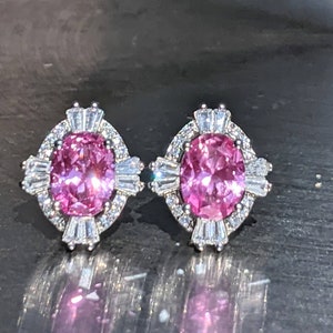 Real Pink Sapphire Stud Earrings 6x8mm Oval Cut With Baguette Halo Sterling 14k Pink Sapphire For Women's Birthday Gift Mother's day gift image 6