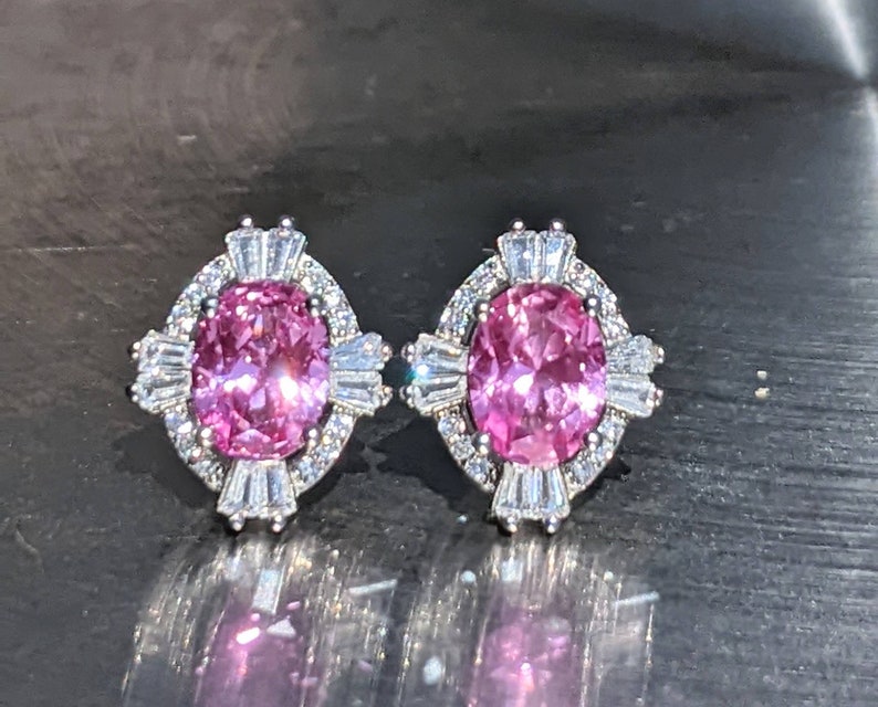 Real Pink Sapphire Stud Earrings 6x8mm Oval Cut With Baguette Halo Sterling 14k Pink Sapphire For Women's Birthday Gift Mother's day gift image 6