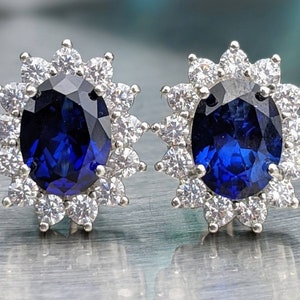 Real Blue Sapphire Stud Earrings With Halo Princess Diana Blue Sapphire 8x6mm oval studs Women Birthday gift Something Blue Bridal Jewelry 画像 2