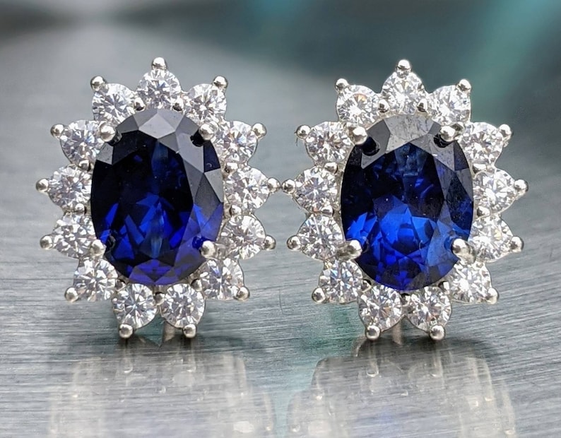 Real Blue Sapphire Stud Earrings With Halo Princess Diana Blue Sapphire 8x6mm oval studs Women Birthday gift Something Blue Bridal Jewelry 画像 2
