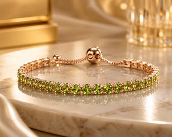 Natural Peridot Tennis Bracelet: 14k Rose Gold Bolo Bracelet