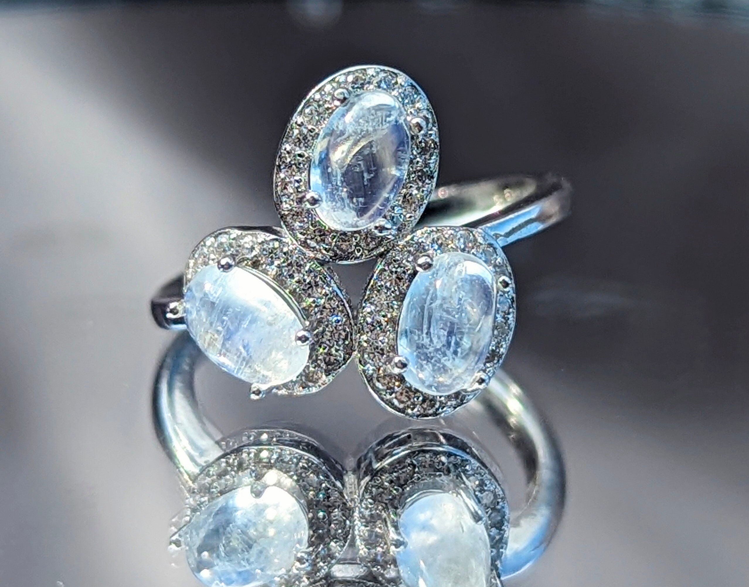 Rainbow Moonstone Ring: Three Stone Sterling Silver Jewelry, June 