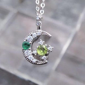 Emerald Peridot Crescent Moon Necklace: Sterling Silver Celestial Pendant