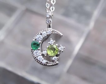 Crescent Moon Pendant With Natural Emerald and Peridot Gemstone. Moon and Star Necklace Sterling Silver For Women Birthday Gift