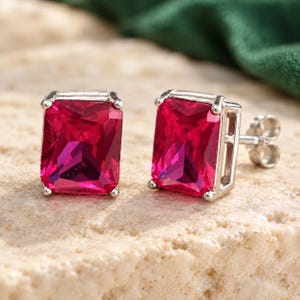 Ruby Stud Earrings, 9x7mm Emerald Cut, July Birthstone, Silver or Gold