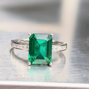 Zambian Emerald Ring 8x6mm 2.60ct Emerald Cut Vintage Dark Emerald Engagement Ring With Paved Band For Women's Birthday Gift Bridal Gift image 5