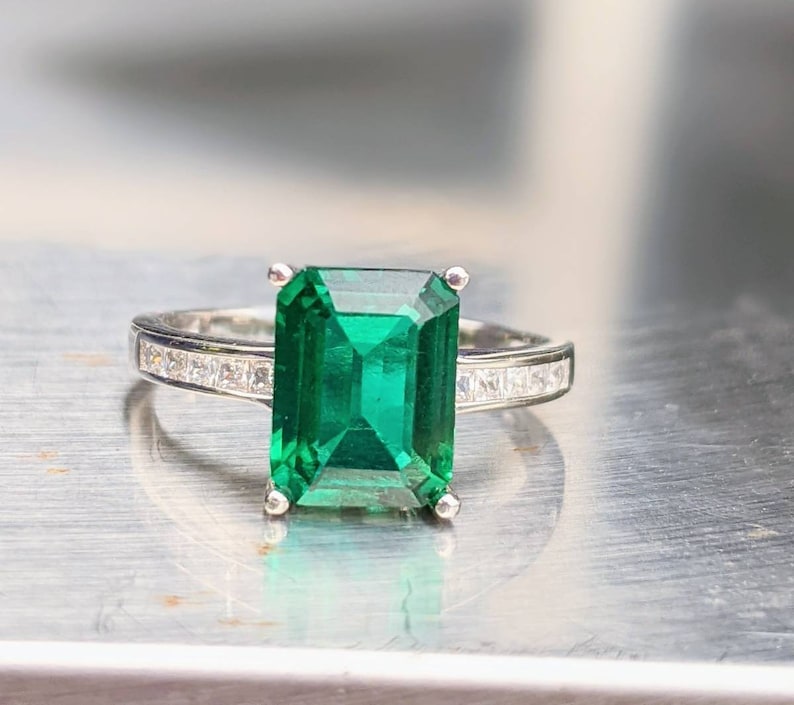 Zambian Emerald Ring 8x6mm 2.60ct Emerald Cut Vintage Dark Emerald Engagement Ring With Paved Band For Women's Birthday Gift Bridal Gift image 5