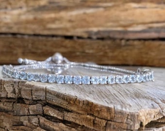 Natural Aquamarine 3mm Tennis Bracelet Adjustable Band For her March Birthday Naturally Mined Aquamarine Bracelet Christmas Gift