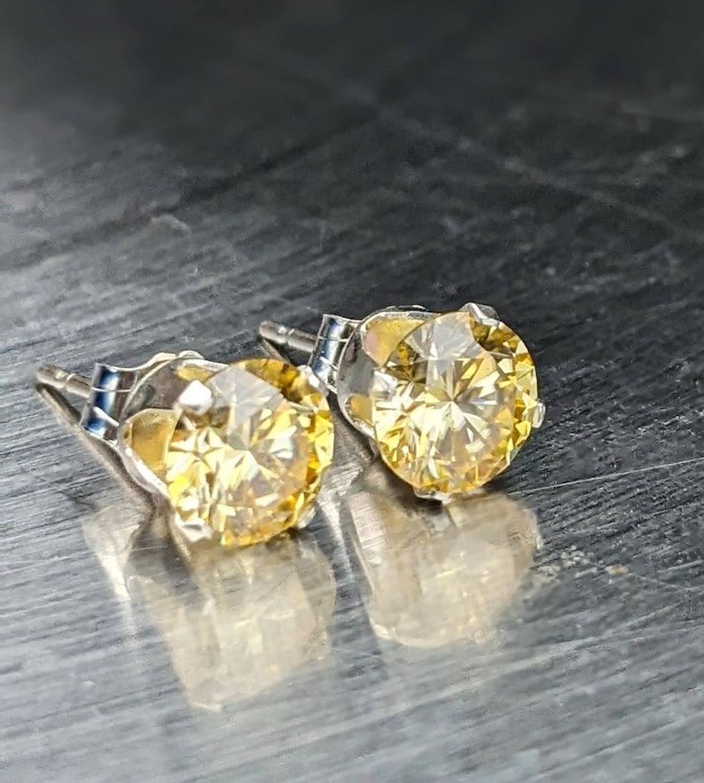 Certified light Yellow Real Moissanite Earrings Silver or Gold Round Cut 6mm 2ct Stud Earrings Birthday Gift Man or Women Diamond Earrings image 4