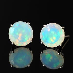 AAA Natural Ethiopian White Fire Opal Stud Earrings round Opal Stud Earrings Silver or Solid Gold October Birthstone Naturally Mined 6mm