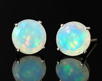 AAA Natural Ethiopian White Fire Opal Stud Earrings round Opal Stud Earrings Silver or Solid Gold October Birthstone Naturally Mined 6mm