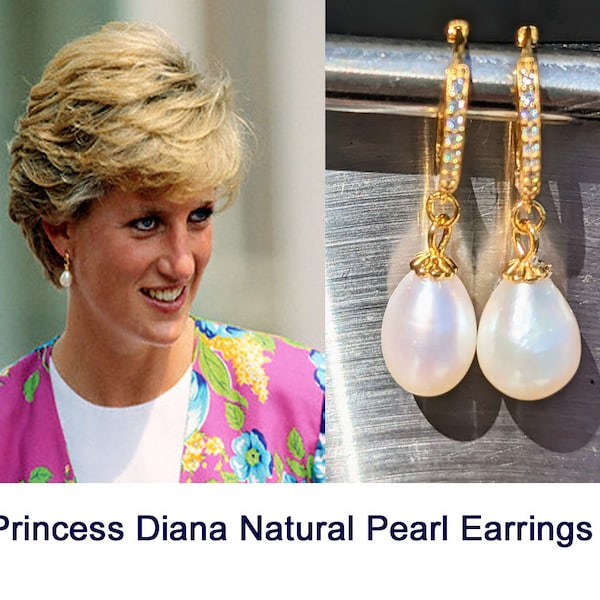 High Quality Royalty Replica Princess Diana Celebrity Inspired Real Gold Pearl Drop Earrings Paved Latch Back Hoop Earrings For Her Birthday