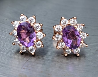 Amethyst Stud Earrings With Natural Diamond Halo Solid Gold 2ct 5x7mm Amethyst Studs For Her Birthday Christmas Gift Real Amethyst