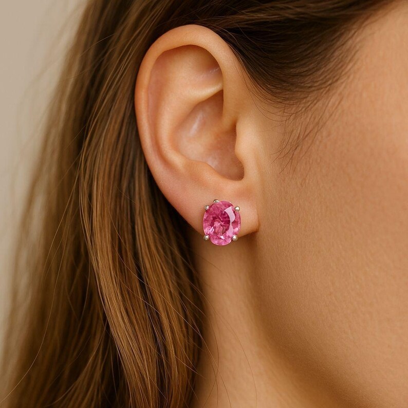 Pink Sapphire Stud Earrings: 2ct Oval, Sterling Silver or 14k Gold image 2