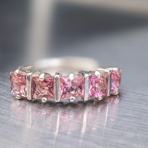 Natural Pink Tourmaline Ring Mother's Style 4mm Ring Princess Cut Infinity Band Genuine Tourmaline Ring For Womens Birthday Gift October image 2