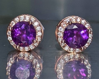 African Amethyst Stud Earrings - Amethyst Earrings With Halo Rose Gold - February birthstone 7mm Stud Earrings 2ct Naturally Mined Amethyst